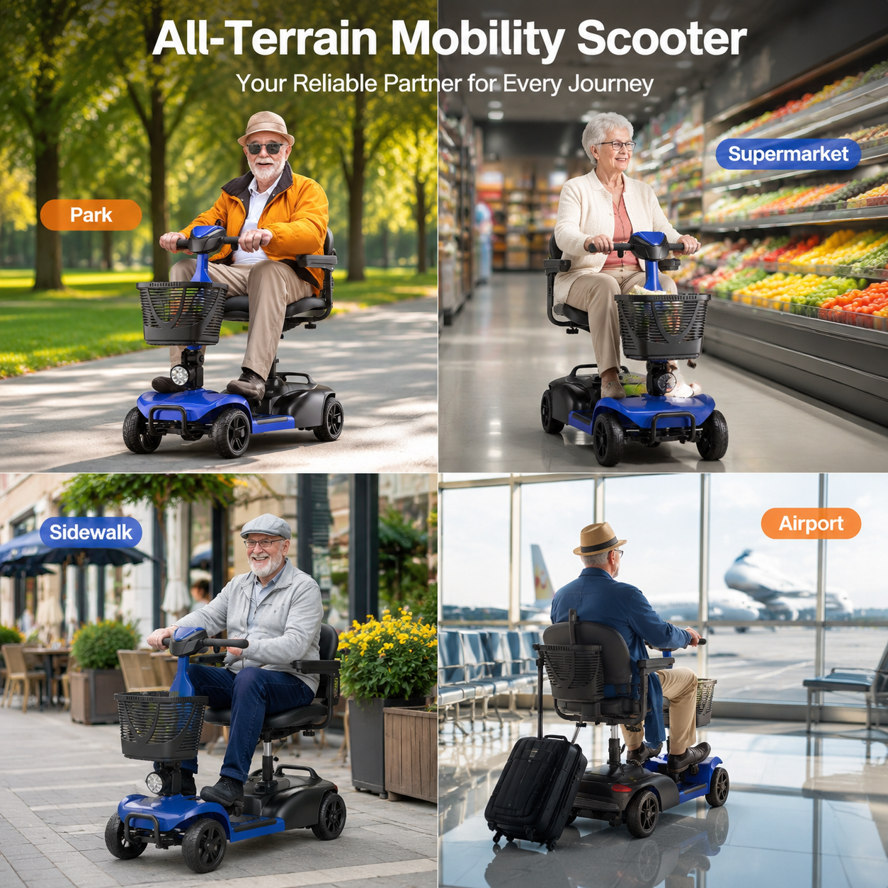 SACVON 4 Wheel Mobility Scooter for Seniors, with 330 lbs Capacity, 250W Motor, Long Battery Life, Comfort Swivel Seat, Detachable Dual Baskets, USB Port & LED Light, Blue