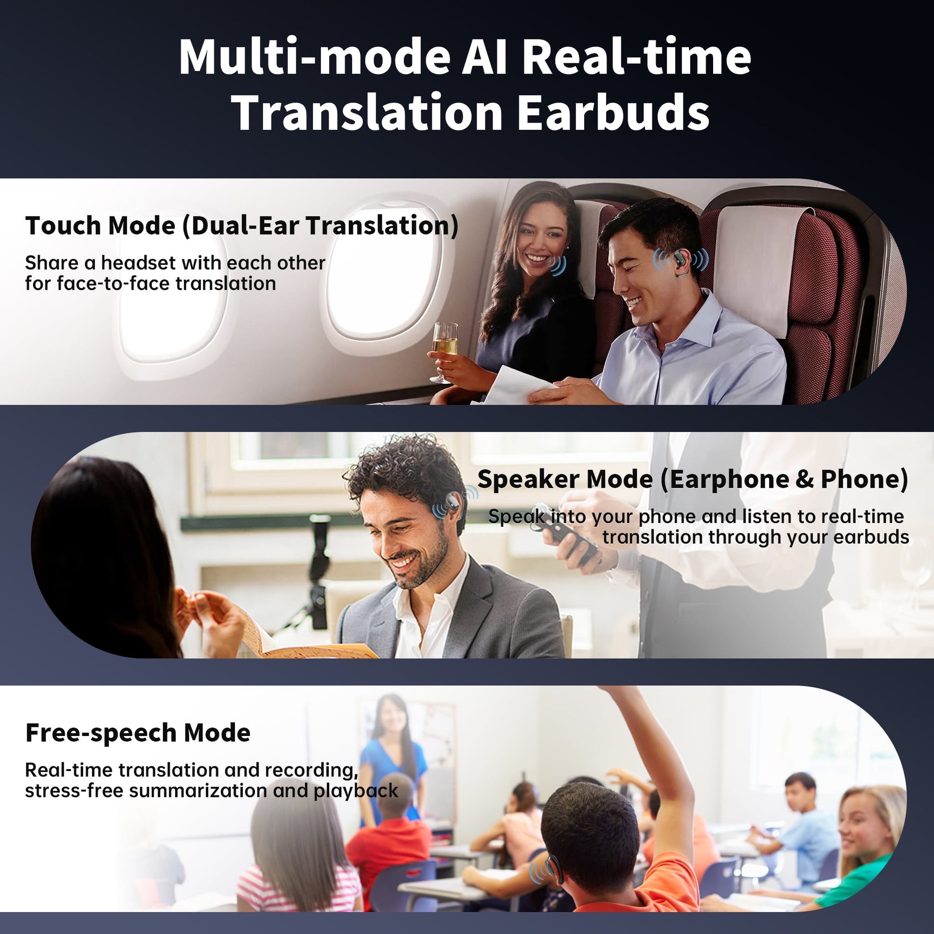 AI Language Translation Earbuds, 3-in-1 AI Translator Earbuds Real Time for 144 Languages, Wireless Bluetooth Headphones, Translator Device with APP fit IOS and Android for Travel, Business, Learning
