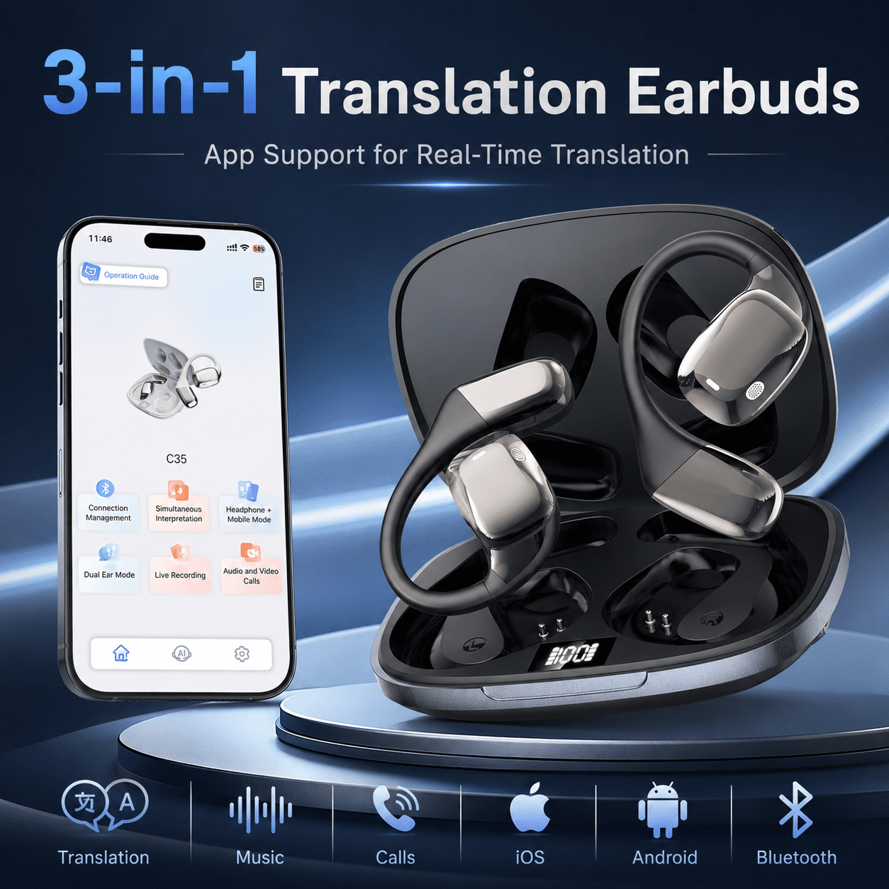 AI Language Translation Earbuds, 3-in-1 AI Translator Earbuds Real Time for 144 Languages, Wireless Bluetooth Headphones, Translator Device with APP fit IOS and Android for Travel, Business, Learning