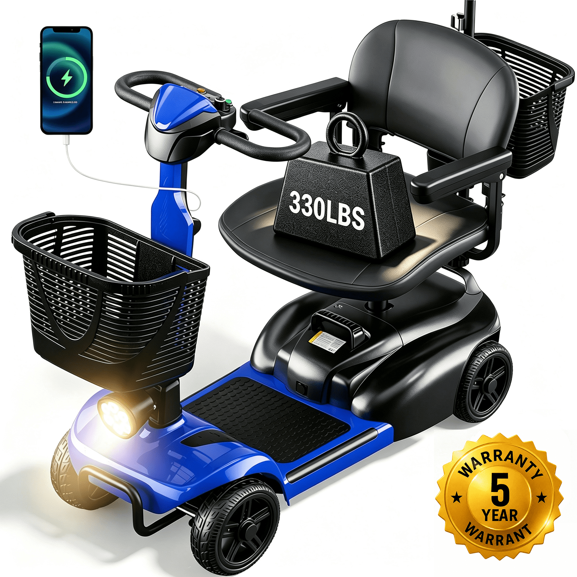 SACVON 4 Wheel Mobility Scooter for Seniors, with 330 lbs Capacity, 250W Motor, Long Battery Life, Comfort Swivel Seat, Detachable Dual Baskets, USB Port & LED Light, Blue