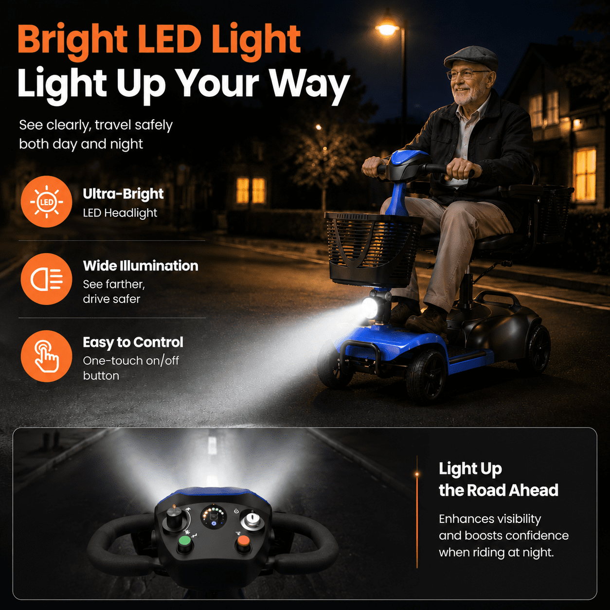 SACVON 4 Wheel Mobility Scooter for Seniors, with 330 lbs Capacity, 250W Motor, Long Battery Life, Comfort Swivel Seat, Detachable Dual Baskets, USB Port & LED Light, Blue