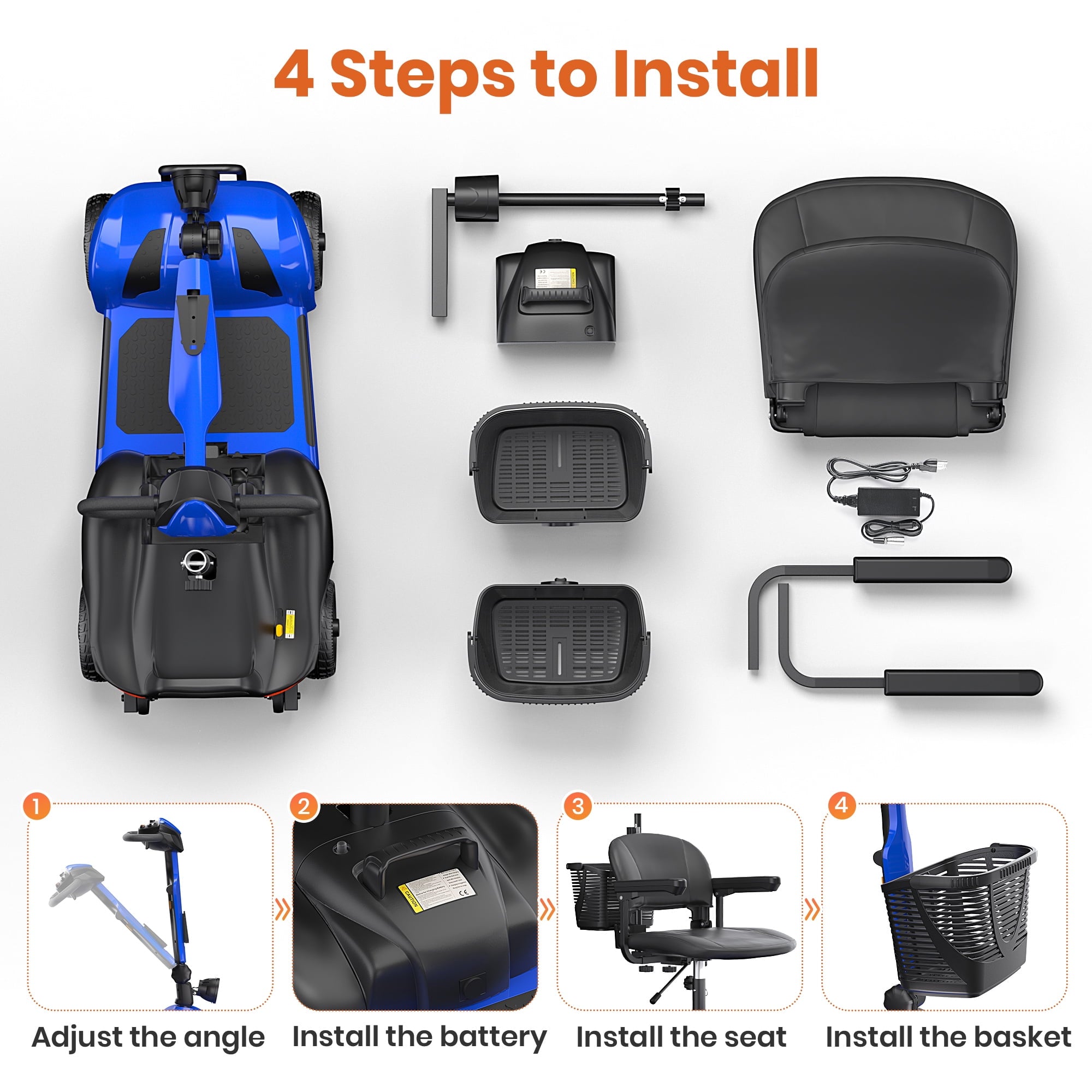 SACVON 4 Wheel Mobility Scooter for Seniors, with 330 lbs Capacity, 250W Motor, Long Battery Life, Comfort Swivel Seat, Detachable Dual Baskets, USB Port & LED Light, Blue