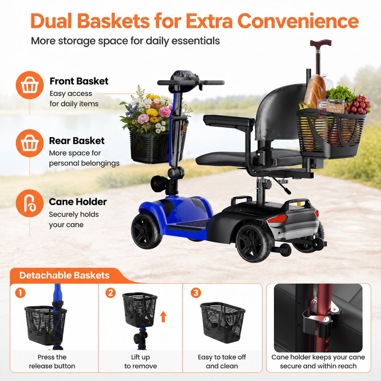 SACVON 4 Wheel Mobility Scooter for Seniors, with 330 lbs Capacity, 250W Motor, Long Battery Life, Comfort Swivel Seat, Detachable Dual Baskets, USB Port & LED Light, Blue